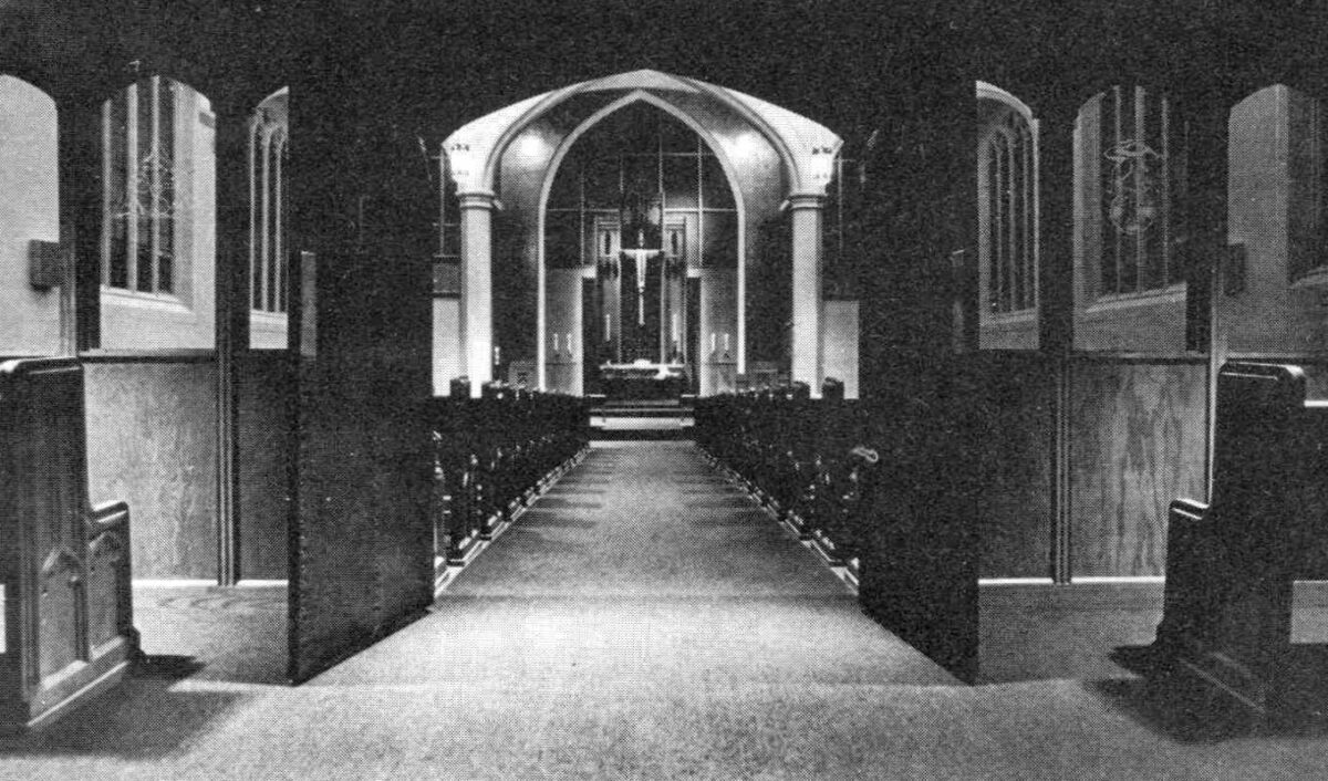 Interior of sanctuary of Bethlehem Lutheran Church in West Dundee, IL from 1980