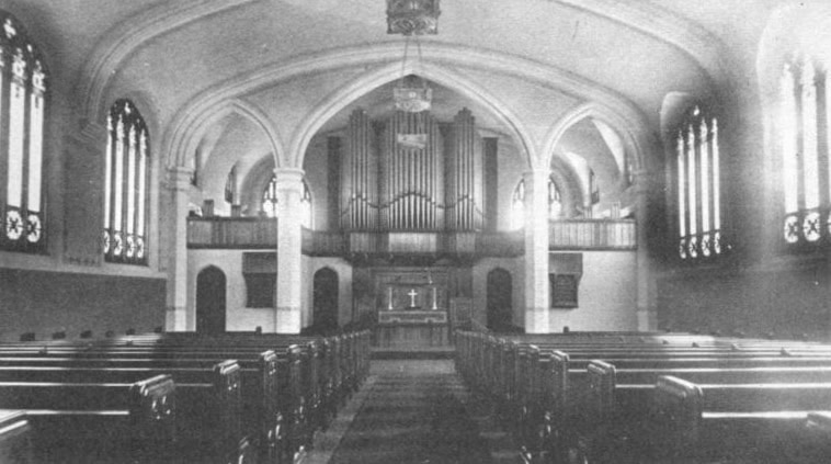 Interior of sanctuary of Bethlehem Lutheran Church in West Dundee, IL from 1911