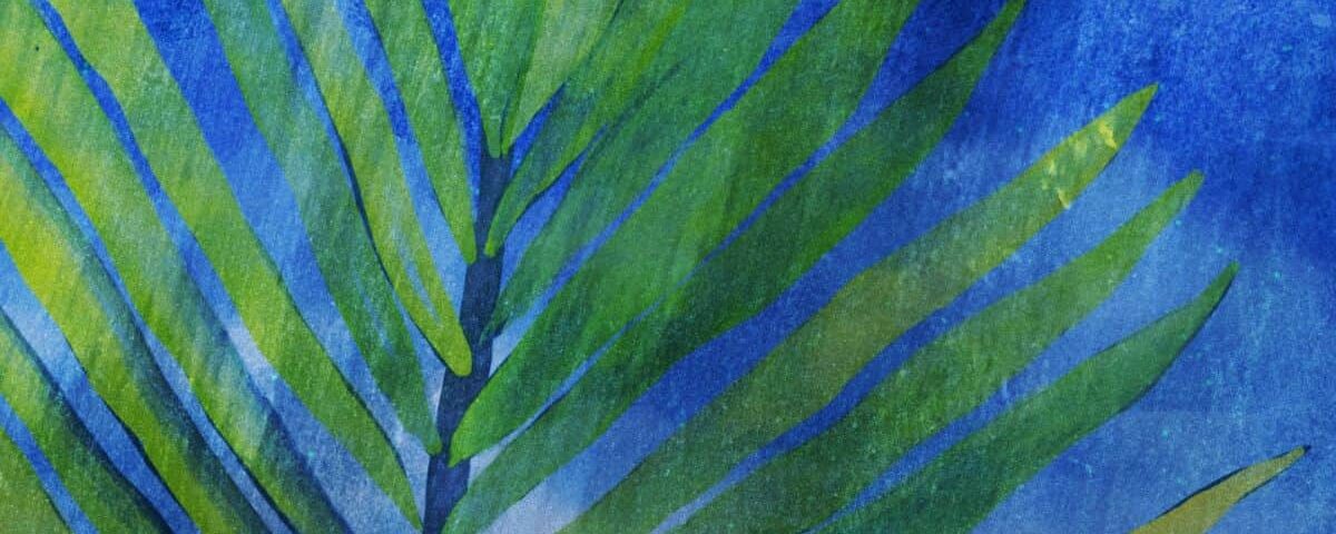 Watercolor palm branch with blue background