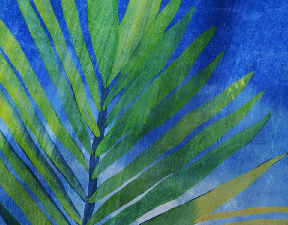 Watercolor palm branch with blue background