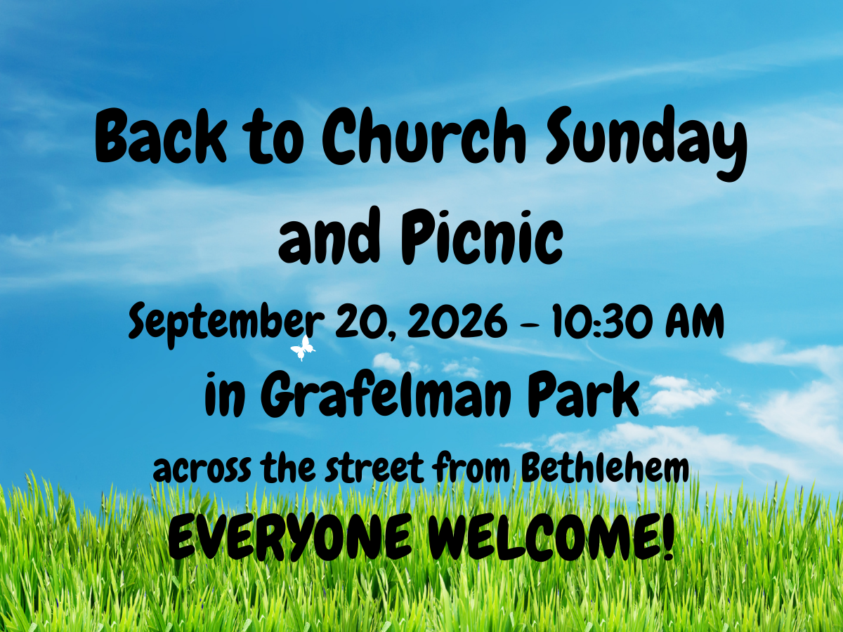 Back to Church Sunday and Picnic in Grafelman Park held on September 20, 2026, at 10:30 AM